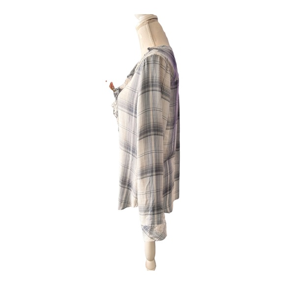 Paige Plaid Shirt Button Up  Distressed Ruffle Collar Festival Semi Sheer Size M - Picture 2 of 9